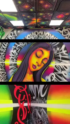 RaraDrip٠HearEyeAm 360° (+ceiling) mural at 2260 Grand Concourse in the Bronx is sealed and complete. I don’t mean to gloat but this production is dope. Painting this was a movie. It will be even more epic once the neon epoxy floor and black lights are installed. It will feel otherworldly.✨🌌✨@t 👸🏻 @Raradrip 🙏 Bless
