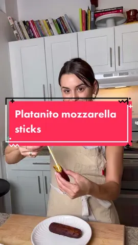 Platanito maduro #mozzarellasticks 🤤  INGREDIENTS 15 thawed slices of platanito maduro  4-5 mozzarella sticks  Directions: Bake your sweet plantains on a at sheet pan at 350F for 10-15min. Let them cool and then add to a food processor. Get about 1/2 cup of your plantain mash and shape it into an oval shape on a plastic sandwich back cut open. Place your mozzarella stick in the center and use a plastic bag to help shape & roll them.  Place them in the refrigerator for about an hour before frying.  Fry them in vegetable oil at 350°F until golden and crisp. #platanomaduro #mozzarellastick #platanitos 