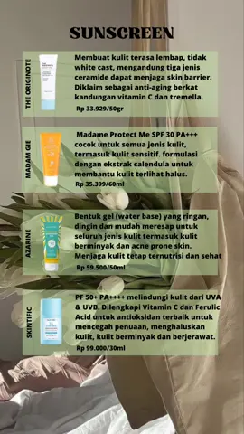 🌷✨MANFAAT SUNSCREEN✨🌷 Kamu wajib tau apa aja manfaat sunscreen buat wajah kamu 1. Melindungi Kulit dari Sinar Matahari 2. Mencegah Kulit Terbakar 3. Membuat Warna Kulit Tetap Merata 4. Mencegah Penuaan Dini dan Mencegah Kanker Kulit #fyp #sunscreen #theoriginote #madamgie 