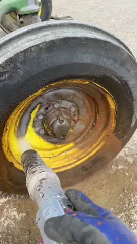 Sandblasting a OLD John Deere tractor rim. #sandblasting #fypシ゚viral #asmr #rustoraration #cleaningtiktok #CleanTok #bluecollar #4u 