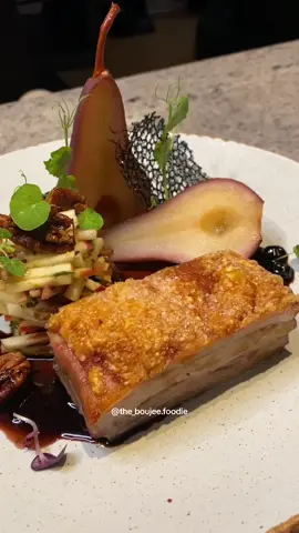 Crispy pork belly, a wine and blueberry poached pear, crispy apple salad with spiced pecans, an aniseed style deep sauce and here you have the most amazing combination of texture and flavor. This is the extended that I never posted.  Much like Bae, a great combination of all things in one and an unapologetic display of how it’s suppose to be done.  #porkbelly #crispypork #pork #spiced #crispy #theartofplating #satisfyingfood #tiktokpork #porky #foryou 