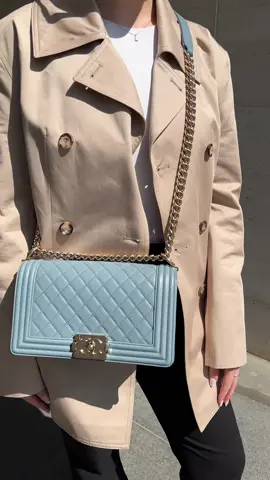 Chanel Boy Old Medium Lambskin Dusty Blue CHW 🩵 This chic Chanel boy shoulder bag is crafted of luxurious lambskin leather with a linear trim. The bag features a champagne chain shoulder strap with a leather shoulder pad, and a frontal squared Mademoiselle CC press lock closure. This opens the front flap to a matching blue fabric interior with pocket. Now available at www.luxuryhelsinki.fi 💫 #luxuryhelsinki #chanelboybag #chaneladdict #luxurylifestyle #prelovedfashion 