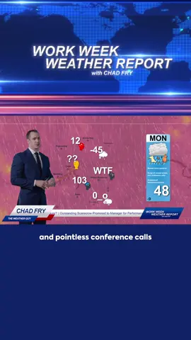 Here's your 6-day work weather report, featuring Chad Fry.🌦️ Looks like Monday brings the most severe storm system of the week!