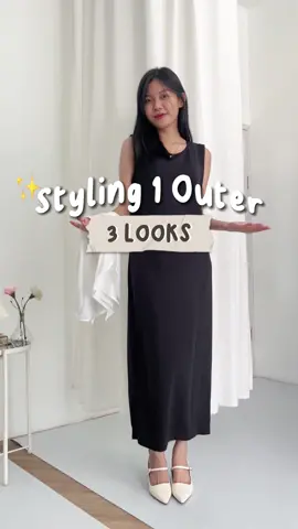 Cara styling outer kamu jadi 3 looks! next styling apa lagi?👀✨ #styling #howtostyle #styletips #styleinspo #outer #outeroutfit #innerdress #dresspanjang #outersilk #fyp #fashiontok 