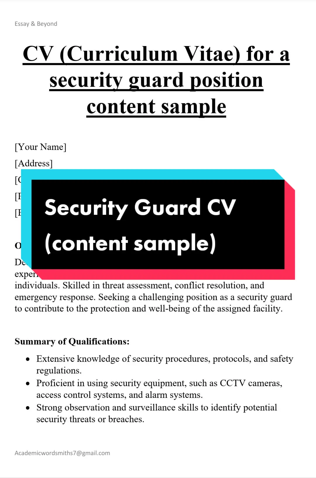 Remember to customize the CV based on your own experiences, qualifications, and the specific requirements of the security guard position you are applying for. Highlight relevant skills, experiences, and achievements that showcase your ability to excel in the role. #follower #Resume #moderncv #academicwordssmith #foryoupage #fyp #foryou #Academicwordssmith #carriculumvitae #CV 