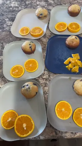#DaycareBreakfast for 12 kids! 🫐  Hard to post what the kids ate because majority of these kids are school age and clear their own plates after meals! But they loved the muffins! A couple kids had seconds. A lot of oranges didn’t get eaten this morning #kidsbreakfast #muffins #daycare #homedaycare #daycareprovider #workathomemom #summertime 