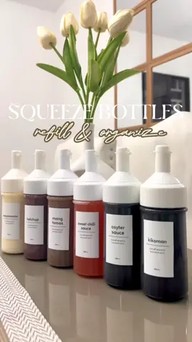 Squeeze Bottles refill & organize🤍 #squeezebottle #kitchenorganization #kitchenessential #sauces #keeporganized #aesthetic #clicktheyellowbasket #affiliate #trending #foryoupage #fyp 