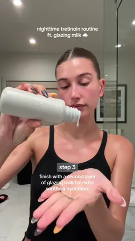 @Hailey Bieber’s nighttime tretinoin routine featuring glazing milk 🥛✨ available now on rhodeskin.com 🫶