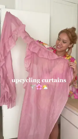 Upcycling thrifted $2 curtains🕊️🌸 sewww many possibilities with these ruffles - eventually decided to go with a mini babydoll puff dress with flutter sleeves🌤️🌷🌿 #sewing #upcycled #thriftflip #sewingtiktok #sewingpattern #sewingforbeginners  