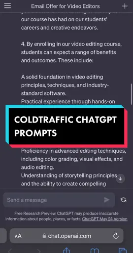 Level up your outreach strategy in the video editing niche with ChatGPT's assistance. Generate impactful cold email copy that resonates with coaches, helping you forge valuable connections and grow your business. #chatgptprompt #chatgpthacks #chatgpt #chatgptexpert #outreachstrategy #coldemail 
