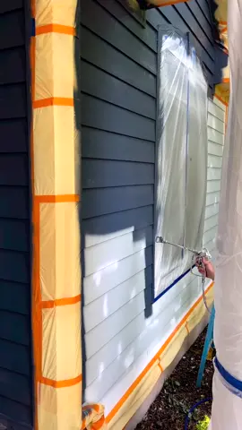 Teaming their #graco sprayer with an extension, @durapropainting is putting up the first coat of Blue Note on this exterior. 🔥