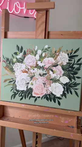 I’m so thankful that my passion is also my purpose in life ♥️ This bouquet especially on that sage green background is *chef’s kiss* 🤌🏼🤩 I tried to make a longer video to show more of my brush strokes so hopefully y’all enjoy it! 💕#camillacreations #floral #acrylic #canvasart #winterbouquet #weddingbouquet #paintingflowers #acrylicpainting #relaxingvideos #painttok #artistsoftiktok #weddingtiktok 