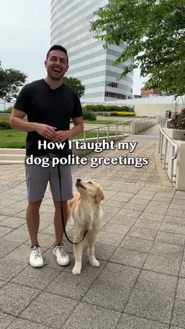How I Taught my Dog Polite Greetings ⭐️ SAVE THIS POST for future reference Step 1: have your dog sit at your side with a loose leash, mark/reward for attention Step 2: have someone approach calmly, mark/reward for attention Step 3: have the person walking up be more interesting, and increase the frequency of treats for attention Step 4: let the person pet your dog if still sitting, mark/reward for attention Step 5: give your dog permission to greet, mark/reward for attention, you can recall them back if needed Remember, you're your dog's advocate. If someone on the street asks to pet your pup, it's okay to say 'no.' We sometimes use the stop hand signal and say 'sorry we're training.' #goldenretriever #DogTraining #smile #happy #bffs 