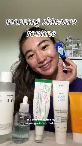 here is my morning skincare routine as requested! my skin is on a journey and i am here to share it with you all! it is an emotional struggle and im glad i have a supportive group of friends here!  Here are the products in order.  1. @La Roche-Posay Toleraine Hydrating gentle cleanser 2. Anua Heartleaf Soothjng Toner 3. @torriden_official Dive In Serum 4. @AXIS-Y Singapore Dark Spor Correcting Glow Serum 5. @etudeofficial Soon Jung Cream 6. Apieu Pure block sun cream 7. @Jack Black® Men's Skincare Lip balm #skintok #skincareroutine #morningroutine #acne #acneproneskin #acnetreatment #acneskincare 