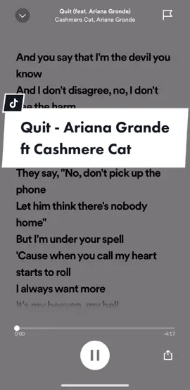 One of her most underrated song :   The song is about a love struck Ariana but all her friends and people around her telling her not to fall in love with them, but she can’t resist. #arianagrande #ariana #wicked #quit #cashemerecat #underrated #song #lyrics #spotify #arianator 