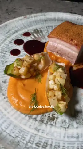 Pork Belly, wilted witlof, celeriac and sweet pommes purée. For when something is broken (like my plate) you can either see the beauty in it, or abandon it. In this instance there is still much life left even after being broken and much of the same can be said about life in general. So here’s to celebrating the peaks and troughs of life and to say that no matter how broken anything is, it is fixable, it still has value and sometimes it is even more beautiful than you initially thought.  I serve here a beautiful cut of pork belly just to prove that the food does not taste any less delicious just because it came on a broken plate. The illusion lies in the simple notion that sometimes cracks and scars aren’t so apparent in the initial view but also that we all have that. Imperfectly perfect is still much more interesting than the pursuit of perfection.  #porkbelly #celeriac #puree #porkcrackling #theartofplating #plating #foodstyling #cracked