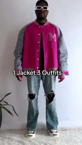 1 jacket 3 outfits. How to style varsity jacket. How to wear pink.  #streetwear #streetwearstyle #stylingvarsityjackets #menstyletips #OOTD #outfitideas #thrifted #thriftstorefinds #fashiontiktok #stylingbaggyjeans #stylingbaggypants #hypebeast #hypesneakers 
