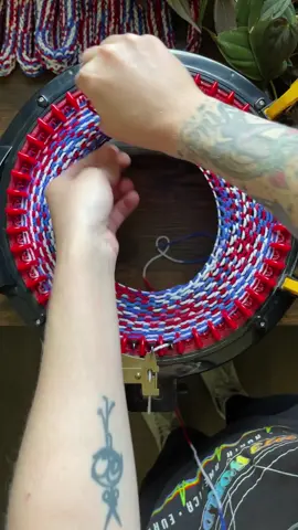 Last chance for red, white, and blue scrunchies ❤️🤍💙 #knittingmachine #howto #howitsmade #SmallBusiness #knit #knitting #knitter #knittok #scrunchie #4thofjuly #redwhiteblue 