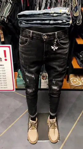 'False Hole' Slim Fit Small Foot Jeans na may RemovablePendant # Men's Jeans