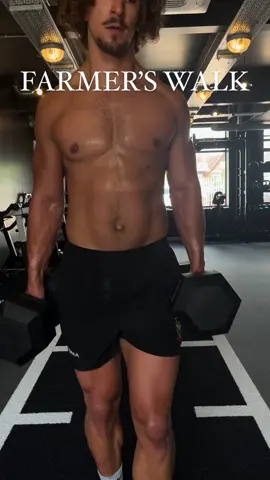 HERES WHY YOU SHOULD BE DOING  FARMER’S WALKS 🐄 BENEFITS: Targets your entire body Great core activation Improves your grip strength in the hands and wrists. How to: 1. Squat down and grab a weight in each hand. 2.Engage the core and pull your shoulder blades down and back while standing back up, returning to an upright posture. 3. Step forward and begin walking. Keep your head up, shoulders back, and core muscles engaged. 4. Continue walking for your desired time or distance.