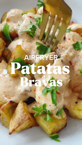 Patatas Bravas (Airfried edition) You have to try these, they will transport you to Spain…absolutely delicious. What you need: Patatas * 4 medium sized potatoes * A good drizzle of Extra virgin olive oil * Sprinkle of regular paprika * Garlic powder * Salt and pepper Bravas Sauce  * 1/2 cup Full fat mayo (125g) * 2 cloves garlic, grated or finely minced * 1 tsp lemon juice * 1/2 tsp Hot Spanish paprika (I got mine in @sheridans) Pimentón by Periquin * 1/2 tsp of agave (to balance out the acidity) I needed to add it to match the flavour I remember, honey or sugar would love too or just omit) * A good pinch of salt * A grind of black pepper Garnish * Handful finely chopped parsley What to do: - Make the Spicy Bravas Mayo and set aside - Marinate your cubed potatoes with a good drizzle of oil, sprinkle of paprika, garlic powder, salt and pepper (the Marinade is optional..it just adds tons more flavour!) - Airfry at 200 degrees Celsius for 15-20 minutes (all airfryers vary so keep an eye!) Oven fine too, it’ll take a little longer. - Once cooked and crispy, put on your serving plate and drizzle that delicious bravas Sauce all over it! - Garnish with chopped parsley and dig in. - It’s a great sharing plate for friends or family…perfect served with a crisp cold beer 👌🏼 - Buen provecho or bon apetit  #fyp #EasyRecipes #comfortfood #patatasbravas #tapas #spanish #spanishfood #patatas #potatoes #foryou #foryoupage 