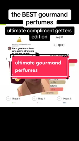 Replying to @Disreputable Bch the BEST gourmand perfumes for compliments! im literally obsessed with gourmands so if yall want more recs just leave a comment! #perfume #perfumes #gourmand #gourmandperfume #fragrance #scent #perfumetok #perfumetiktok 