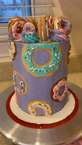 Donut Cake with royal icing donut sprinkles and donut macaroons as toppings #cake #cakedecorating #caketok #donuts #sprinkles #cakevideo 
