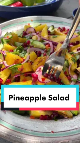 Episode 1 - summer series - Charred Pineapple Salad - recipe Below #summersalad #fyp #EasyRecipes  . Serves 6 as a side 3 tbsp olive oil 1 large pineapple, cored, peeled and cut into long strips 1 red onion, thinly sliced 1 cucumber, sliced into ½ moons A large handful or coriander leaves, roughly chopped 1 red chilli, deseeded and finely chopped The juice of 3 limes 1 tsp sugar Salt 1. Pre heat he BBQ to high. Meanwhile, put the red onion, the juice of a lime and a pinch of salt into a bowl. Toss together and leave to macerate whilst you make the salad. 2. Toss the pineapple in a tablespoon of the oil and bbq for about 1-2 minutes a side, until just charred but still really firm. Cut into 1 inch chunks and chuck them into a salad bowl. 3. Whisk the remaining lime juice together with the remaining olive oil, the sugar and a pinch of salt.   4. Chuck the red onion, cucumber, coriander, chilli and dressing into the bowl with the pineapple. Mix together and serve immediately. 