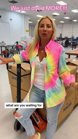 We just dyed more button downs! 🤩 It’s the BEST top that goes with everything!! 💕 #tiedye #warehouse #style #clothingbrand #summervibes #fyp #restock #obsessed #lisafrank #shopsmall 