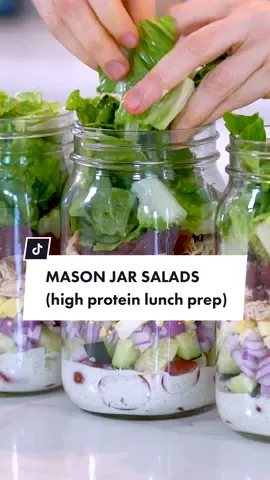 Mason Jar Salads make meal prepping your lunch for the week so quick and easy!  These high protein cobb salads were part of my most recent 5-Day Meal Prep menu.  Should I start a series on mason jar salad recipes? #mealprep #masonjarrecipes #masonjar #salad #easylunch #lunchideas 