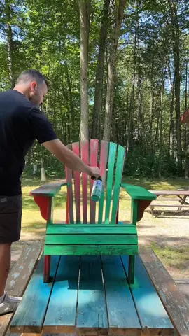 These two old, raggedy looking muskoka chairs were in desperate need of a refresh so I grabbed a few cans of spray paint and some sanding sponges and got to work. What do you think of the new colours? #muskokachair #spraypainting #diyprojects #diyprojectsideas #diybeforeandafter #woodworking #cottagelife 
