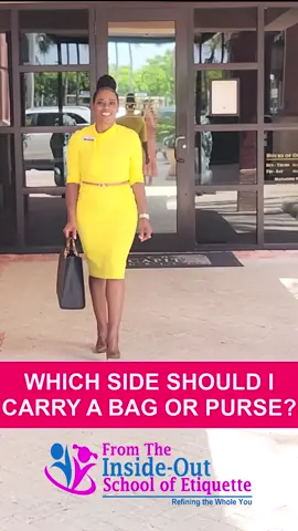 PURSE ETIQUETTE  It is most appropriate for a lady to carry her bag or purse on the left side or in the left hand. She leaves her right side free to shake hands or wave to someone.   #etiquette  #refinement  #professionals  #purseetiquette 