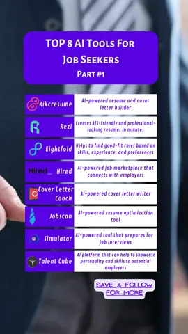Looking For A Job? With these AI tools it might be much easier: 1. Kickresume 2. Rezi 3. Eightfold 4. Hired 5. Cover Letter Coach 6. Jobscan 7. Simulator Talent Cube 1 #artificialintelligence #aiforbusiness #aiforbusinesses #aiforbusinessgrowth #aitiktok #aitiktokers #aivideos #aivideoviral #Aiforfree #freeai #freeaitools #freeaitoolsandwebsites #artificial_intelligence #aijobs #aijobmarketimpact #aijobautomation