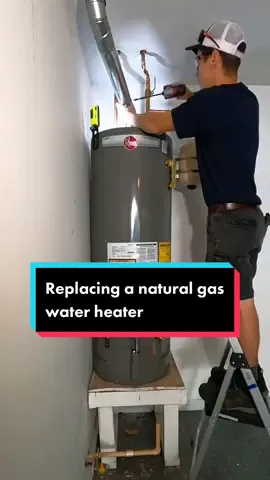 Replacing a 50 gallon natural gas water heater and thermal expansion tank 💦 #plumbing #plumber #fyp *not B vent was replaced later through the ceiling by owner, this was done temporarily to get them hot water 
