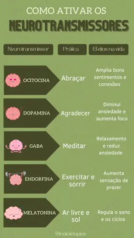 ATIVE seus Neurotransmissores! Neurotransmissores são definidos como mensageiros químicos que transportam, estimulam e equilibram os sinais entre os neurônios, ou células nervosas e outras células do corpo. Esses mensageiros químicos podem afetar uma ampla variedade de funções físicas e psicológicas, incluindo frequência cardíaca, sono, apetite, humor e medo. #neurociencia #cerebro #qumicacerebral #terapiasintegrativas #equilibrioemocional  #saudebemestar #qualidadedevida 