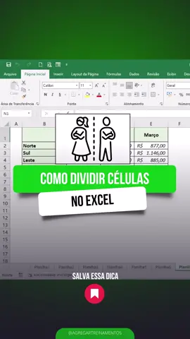 No Excel, você pode dividir células facilmente para melhorar a organização dos seus dados. Seja para separar nomes completos em nome e sobrenome, ou para dividir informações em diferentes colunas, essa funcionalidade é muito útil. Aproveite essa dica para agilizar a manipulação de dados no Excel e tornar suas planilhas ainda mais eficientes! 💬 Experimente essas dicas e eleve suas habilidades no Excel! Dá uma olhada no perfil para ver mais. ➡️ @agregartreinamentos . . . . #Dicasdeexcel #Excel #Planilhas #Formulas #Tabelas #Relatorio #Microsoftexcel #Dashboard #Graficos #AnalisedeDados #CursodeExcel #PlanilhaEletronica #excelformulas #exceltutorial #excelhelp #RH #RecursosHumanos #Financeiro #Contabilidade #ADM #DividirCélulas