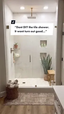 Our DIY tile shower.😍 This tile shower is one of the biggest home projects we have done. We ripped out the shower & the linen closet & turned it into one big tile shower. #showerrenovation #showerremodel #tileshower #showerinspo #showermakeover #homeremodel #diyhomeimprovement #homerenovations #budgetrenovations #diyhomerenovation #shower