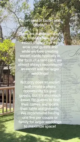 Escort card or Escort wall display?   There are numerous ways to create a beautiful escort display that will wow your guests and while we love creating escort cards, typically in the form of a tent card, we almost always recommend an escort wall for larger weddings!   Not only does an escort wall create a photo opportunity for your guests, but it’s also much easier for guests to find their names and locate their table assignments. We recommend having one line per couple or family for larger weddings to maximize space! #weddinginspiration #weddingdecor #escortwall 