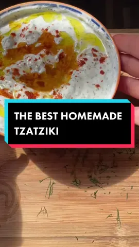This is the only homemade tzatziki recipe you need😮‍💨 follow @chefmarinie for more!  📌 Recipe below Gather  4 baby cucumbers 500g Greek yoghurt  25g fresh dill, finely chopped  2 heaped tsp dried mint  2 tsp minced garlic  Salt to taste (I used approx 1 heaped tsp pink Himalayan salt) 1/2 lemon, squeezed  2-3 tbsp extra virgin olive oil  Pinch of paprika  Method  1.) Slice both ends of the baby cucumbers and grate them. Place them into a clean tea towel or kitchen roll, and drain out the liquid. Then place the drained grated cucumber in a bowl along with the yoghurt.  2.) Mix in the seasonings, garlic, oil snd lemon juice. Check the taste and add more of any of the ingredients to your liking.  3.) Once mixed, top with a bit of oil and the paprika. Enjoy with warm pitta bread, crisps or anything you can dip with! #greekfood #dip #tzatziki #EasyRecipe 