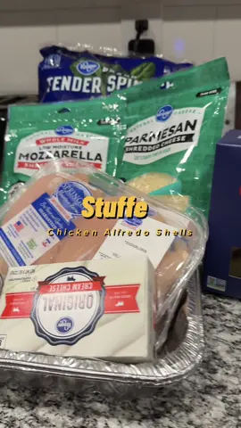 Recipe for Stuffed Chicken Alfredo Shells: Ingredients: Stuffing •	large pasta shells •	cooked and shredded chicken •	cream cheese  •	shredded mozzarella cheese •	shredded Parmesan cheese •	seasonings  •	spinach  Alfredo Sauce •	heavy whipping cream •	shredded mozzarella cheese •	shredded Parmesan cheese •	seasonings  Instructions: 	1.	Preheat your oven to 375°F and grease a baking dish. 	2.	Cook the pasta shells according to the package instructions until al dente. Drain and set aside.        3.    In a pan, combine all the alfredo sauce ingredients on medium heat until cheese is melted.  	4.	In a mixing bowl, combine all the stuffing ingredients. Add a small amount of the alfredo sauce. Mix well. 	5.	Stuff each cooked pasta shell with the mixture and place them in the greased baking dish. 	6.	Pour the Alfredo sauce over the stuffed shells, making sure they are all covered. 	7.	Sprinkle the remaining mozzarella and Parmesan cheeses on top. 	8.	Cover the baking dish with aluminum foil and bake in the preheated oven for 20-25 minutes, or until the cheese is melted and bubbly. 	9.	Let the stuffed chicken Alfredo shells cool for a few minutes before serving. Enjoy! #stuffedchickenalfredoshells #easymeals 