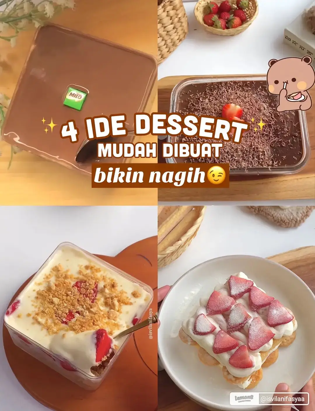 4 ide dessert mudah dibuat dan bikin nagihh bahan'nya juga simpel rasanya juga enakk bgt  cobain deh klw gk percaya #fypシ #fypシ゚viral #resep #makanan #enakbangettttttt🤤🤤 #enakbanget #simpel #dessert #milo #chocotiramisu #strawberrycheescake #strawberrytiramisu