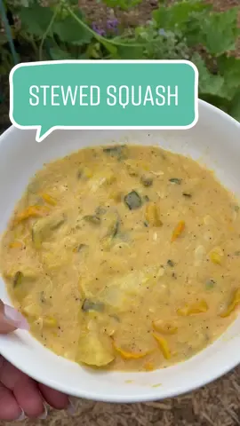 The ONLY way i would eat squash as a kid! And one of my favorite ways to use up an abundance of squash/zucchini from my garden as an adult 😍  I dont have a specific recipe for this- you just tap into your inner southerner and measure with your heart ❤️ #gardentok #gardenrecipe #harvestingvegetables #cottagecore #stewedsquash #gardenharvest #gardentotable 