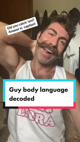 Answer:  he makes eye contact, then glances away, smiles/grins, and postures himself (rubs the back of his head, flexes, raises his arms, puffs out his chest, etc.). There’s two bonus ones here - the slight nod at the start and the little bit of tongue action at the end. Remember, it’s about the whole of these elements coming together! A nod or smile alone can easily be only a friendly gesture. #flirttok #flirting #dating #bodylanguage #bodylanguagetips #flirtcoach 