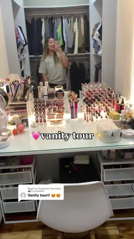 Replying to @Augustine Summers 🪩 showing you my whole vanity area 🤩🫶🏻  #makeup #makeupcollection #vanity #vanitytour #makeuptable #vanitytable #fyp 
