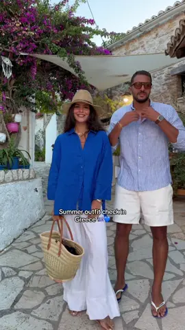Summer outfit check in Greece 🇬🇷💙 yay or nay ? 🫶🏻 #outfit #couple #outfitcheck #Summer #zara #modestfashion 