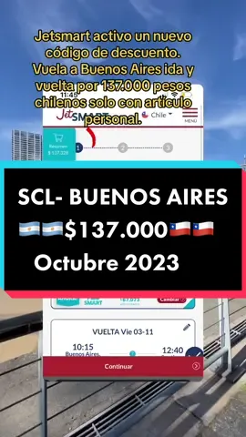 @JetSMART activo un nuevo código de descuento 40% : VUELOBB Usa el codigo y viaja a Buenos aires por 137.000 pesos chilenos ida y vuelta, con articulo personal. #vuelosbaratos #vuelosporelmundo #vueloslowcost #lowcost #viajes #vuelosbaratos✈️ #viajesporelmundo #chile #argentina #obelisco #buenossires #argentina🇦🇷 
