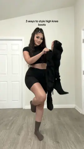 3 ways to style high knee boots 🖤 Which option would you try? #highkneeboots #styletips #styleinspo  #outfitideas #gnooutfit #cluboutfit #fyp 