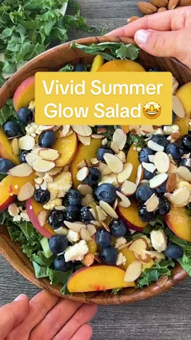 “Vivid Summer Glow Salad 🌞🥗” Ingredients: For the salad:  -4 cups kale leaves (stems removed and  into bite-sized pieces) - 2 ripe peaches (sliced) 	 - 1/4 cup crumbled feta cheese - 1/2 cup fresh blueberries - 1/4 cup sliced almonds For the dressing: - 2 tablespoons balsamic vinegar - 2 tablespoons extra-virgin olive oil - 1 tablespoon honey - Salt and pepper to taste Instructions: 1.    In a large salad bowl, combine the torn kale leaves, sliced peaches, crumbled feta cheese (or goat cheese), fresh blueberries and sliced almonds. 2.	In a separate small bowl, whisk together the balsamic vinegar, extra-virgin olive oil, honey, salt and pepper to make the dressing. 3.	Drizzle the dressing over the salad and gently toss everything together until the kale, peaches, and blueberries are well coated. 4.	Allow the salad to sit for a few minutes to let the flavors meld together. 	 Serve the «Vivid Summer Glow Salad» as a refreshing and healthy side dish or add some grilled chicken or tofu to make it a complete meal. The salad provided above serves approximately 2-4 persons, depending on the serving size and whether it’s served as a side salad or a main dish. The addition of fresh blueberries adds a burst of sweet-tart flavor and a beautiful pop of color to the salad. Enjoy the delightful combination of flavors and textures in this Vivid Summer Glow Salad! 🥗🍑🫐🥬🧀🥗 #summersalad #healthysalad #healthyrecipes #EasyRecipe #kale #peaches #blueberries #EatWellFeelGreat