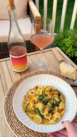 Summer tomato and spinach orecchiette with crème fraiche. I like to call this liquid gold sauce 🧡 #sungoldtomatoes #liquidgold #summerpasta #bursttomatopasta #pastanight #EasyRecipe #yum #fyp 