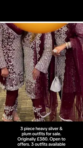 Heavily embroided silver and plum 3 piece outfit. 2 size medium-large and 1 size small. Worn once for a few hours only. Open to offers #pakistaniwedding #heavyoutfits #asianweddinginspo #asianweddingoutfits #asianpartywear 